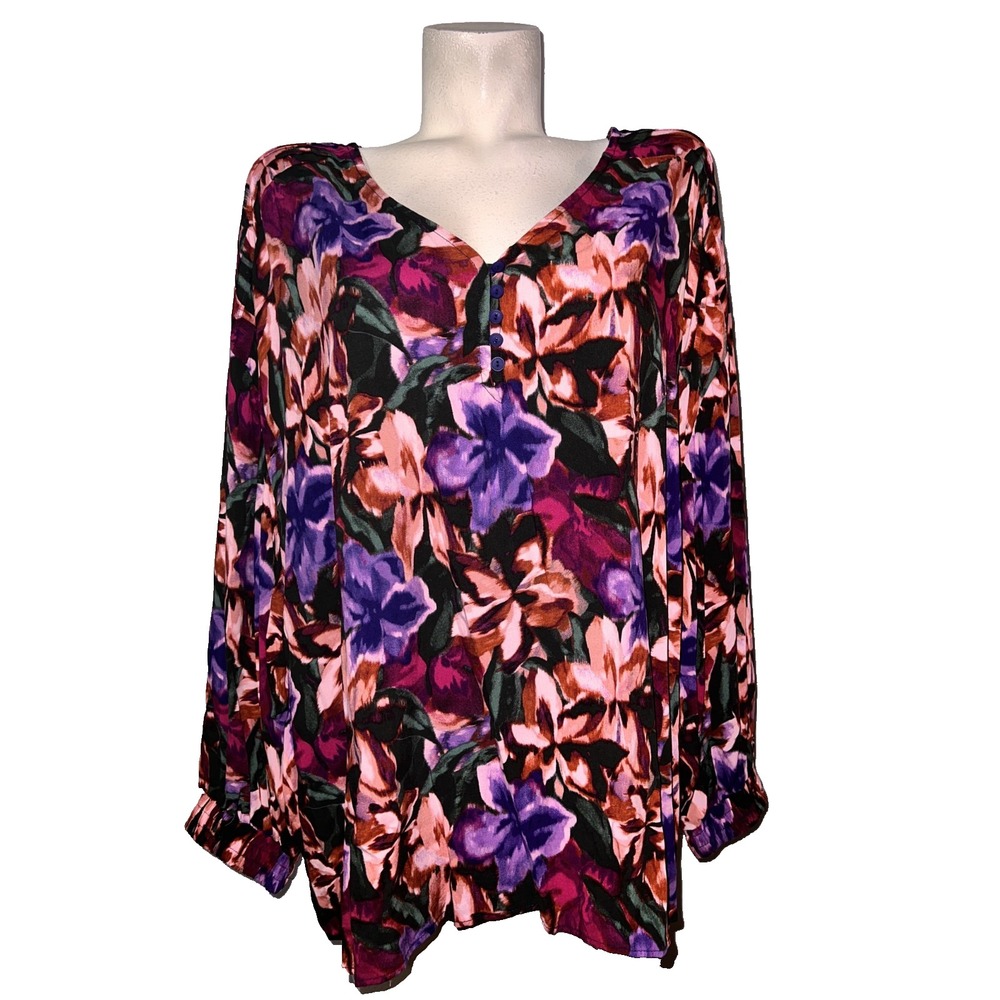 Terra & Sky Womens 2X Floral V-Neck Long Sleeve Blouse Purple Magenta Plus Size